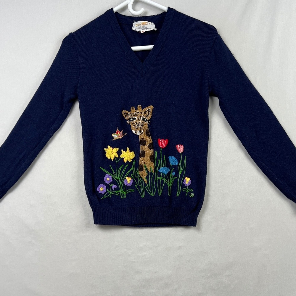 Vintage Cyn Les Shirlee V-Neck Sweater Women Small Giraffe Floral Embroidered